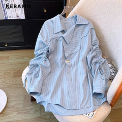 Aiertu Korean Style Striped Folds Long Sleeve Single Breasted Shirt 2024 Spring Summer Women's Casual Turn-Down Collar Baggy Blouse Top Aiertu