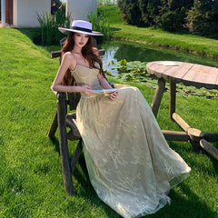 AIERTU  -  Summer French Vintage Mori Girl Style Dress Women's Lace Jacquard Tulle Strap Party Dress Elegant Heavy Slim Vacation Long Dress Aiertu