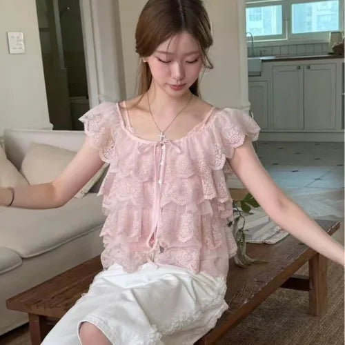 AIERTU  -  Korean Style Chic Fashion Summer Anti-Aging Lace Patterned Women's Shirt with Ruffle Sleeves Short Sleeve Versatile Fit Aiertu
