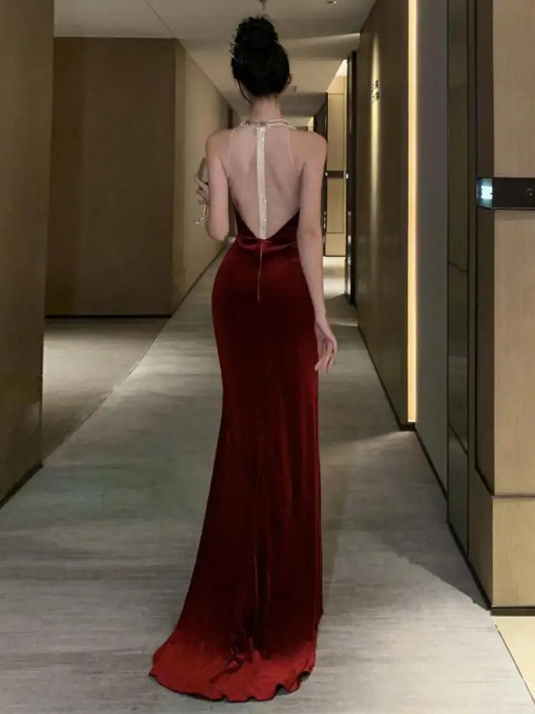 Women Vintage Red Halter Sleeveless Backless Bodycon Velvet Dress French Sexy Party Elegant Slim Fishtail Evening Dresses Summer Aiertu