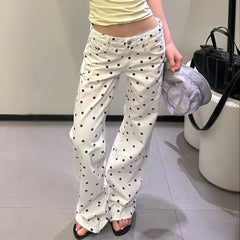 AIERTU  -  Women Polka Dot Jeans Low Rise Baggy Wide Leg White Y2K Vintage Retro Floor Length Pants Loose Straight Casual Street Style Aiertu