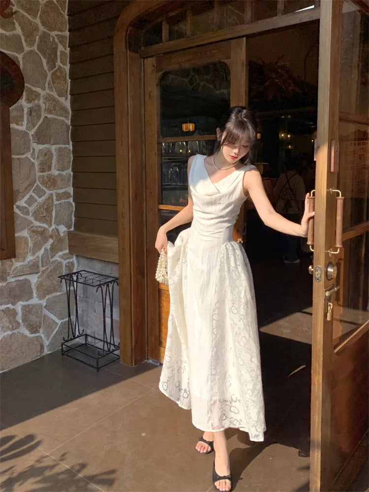 AIERTU  -  Women Dress Retro Lace Pattern Splicing Swinging Collar Sleeveless High Waist Solid Color Simple Vest Style Sling Long Dresses Aiertu