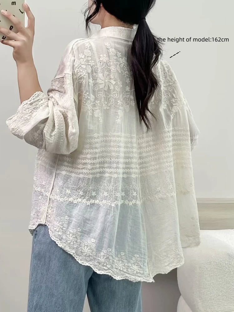 Cotton Floral Embroidery Long Sleeve Loose Tunic Shirt Vintage Retro Chic Rococo Victorian Edwardian Classy Youth Blouse Smock Aiertu
