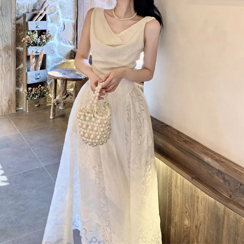 AIERTU  -  Women Dress Retro Lace Pattern Splicing Swinging Collar Sleeveless High Waist Solid Color Simple Vest Style Sling Long Dresses Aiertu
