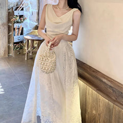 AIERTU  -  Women Dress Retro Lace Pattern Splicing Swinging Collar Sleeveless High Waist Solid Color Simple Vest Style Sling Long Dresses Aiertu