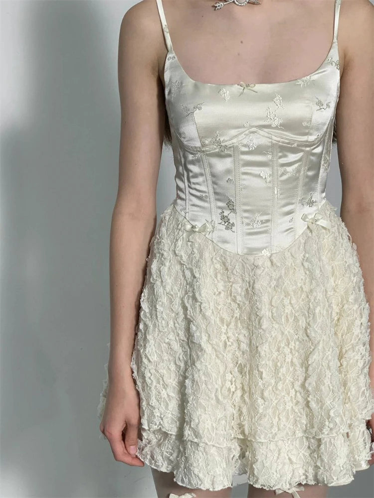 Aiertu Elegant Fairy Dress Women Summer High Waist White Lace Party Mini Dresses Spaghetti Strap Streetwear Korean Fashion Aiertu