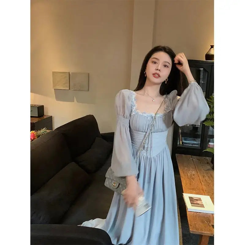 Aiertu Women Vintage Violet Print Square Neck Lace Fairy Dress Solid Elegant Bodycon Autumn Party Lady Pleated Princess Long Dress Boho Aiertu