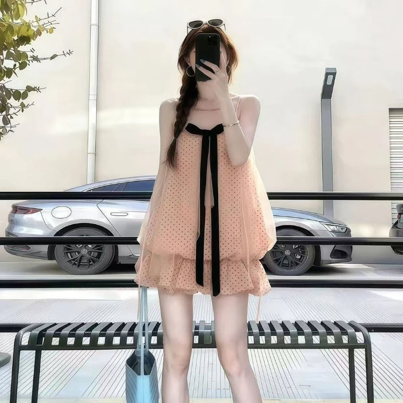 AIERTU  -  Summer New Sweet Temperament Princess Storm Point Hanging Neck Mesh Bow Fluffy Short Skirt for Women Aiertu