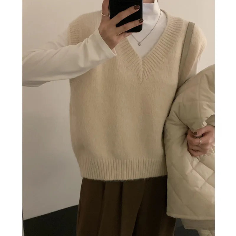 Aiertu Women Vintage Turn Down Collar Check Plaid Solid Knitting Sweater Female Casual Loose Vest Chic Pullovers Tops Aiertu