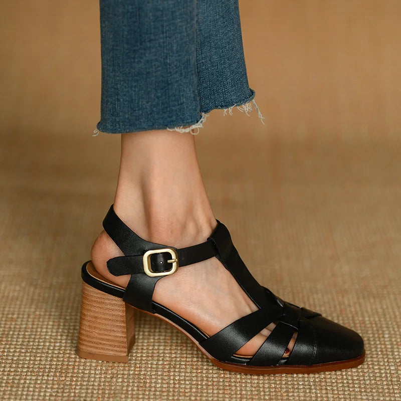 Aiertu Summer Sandals Female Retro Sandals Buckle Strap Womens Pumps Cowhide Ladies Shoes Spring Autumn Gladiator Sandal Roman Style Aiertu