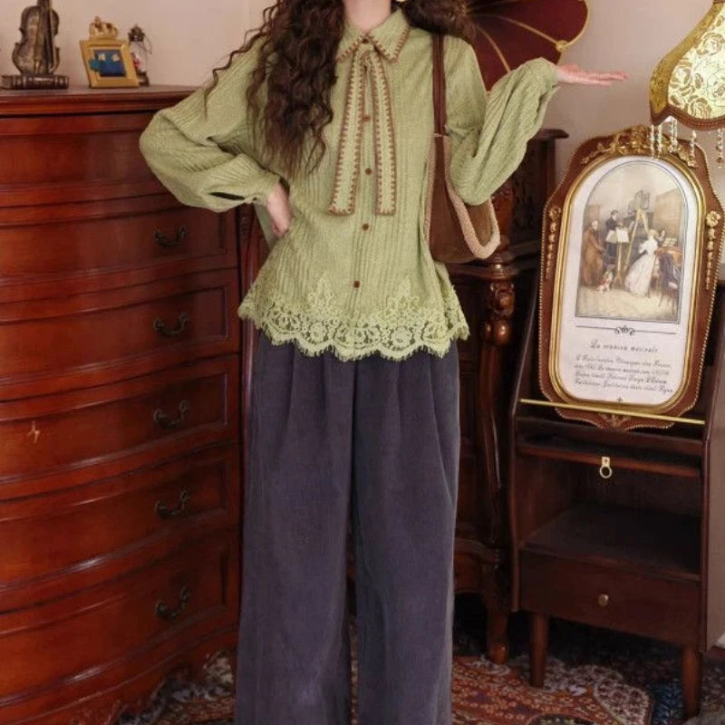 AIERTU  -  Vintage Hong Kong Style Women Knit Shirt Autumn Winter Bow Tie Lace Hem Loose Casual Long Sleeve Inner Blouse Aiertu