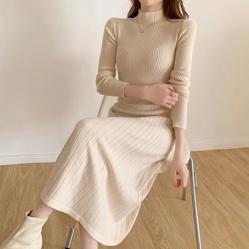 Aiertu Autumn Winter Long Sleeve Party Dress Women Button Knitted Mid-calf  Half High Collar Elegant Knitted Sweater Dresses Ladies Aiertu