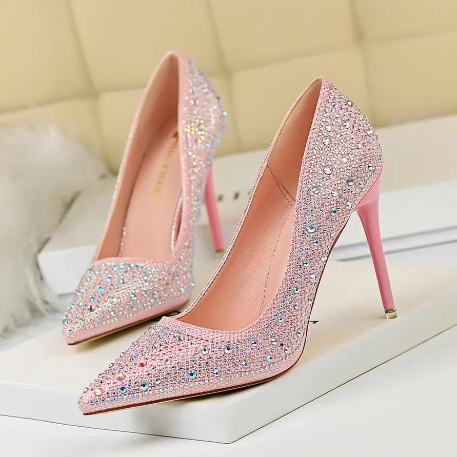 Women 10cm High Heels Stripper Bling Crystal Escarpins Pumps Lady Stiletto Wedding Bridal Fetish Rhinestone Gold Pink Prom Shoes Aiertu