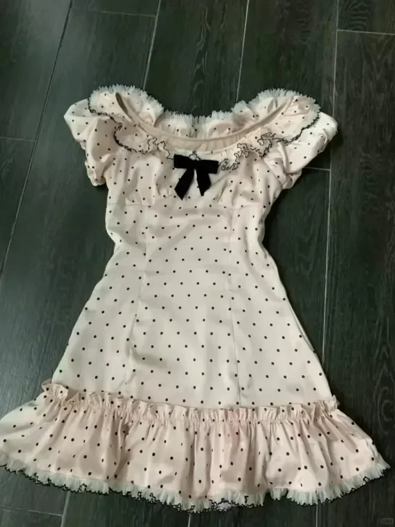 Slash Neck Off-shoulder Short Sleeve Robe Femme Y2k Summer Vestidos De Mujer Elegant Bowknot Polka Dot Print Slim Party Dresses Aiertu
