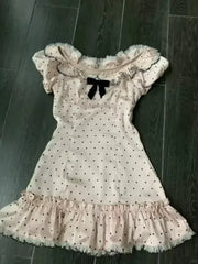 Slash Neck Off-shoulder Short Sleeve Robe Femme Y2k Summer Vestidos De Mujer Elegant Bowknot Polka Dot Print Slim Party Dresses Aiertu