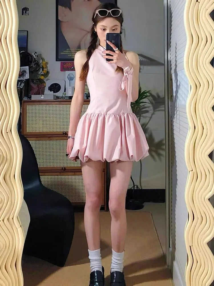 Aiertu Coquette Y2k Pink Halter Mini Dress Women 2024 Summer Fashion Off Shoulder Party Short Dresses with Belt Aiertu