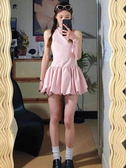 Aiertu Coquette Y2k Pink Halter Mini Dress Women 2024 Summer Fashion Off Shoulder Party Short Dresses with Belt Aiertu