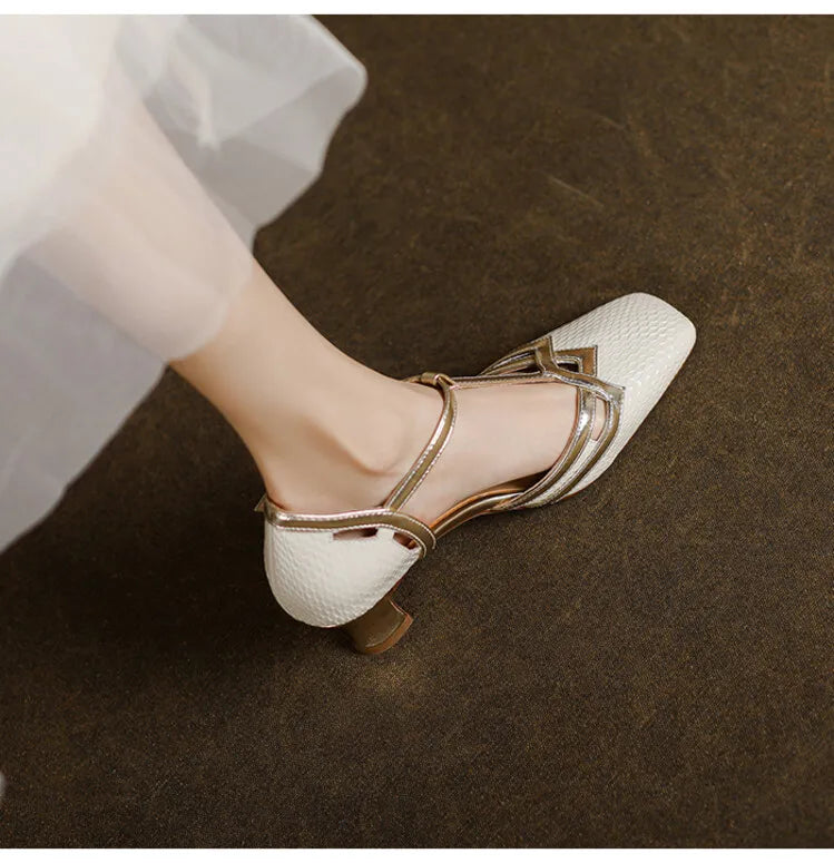 Aiertu Summer Sandals Women Square Toe Chunky Heel Women Shoes Genuine Leather Shoes Retro High Heel Designer Sandals Aiertu