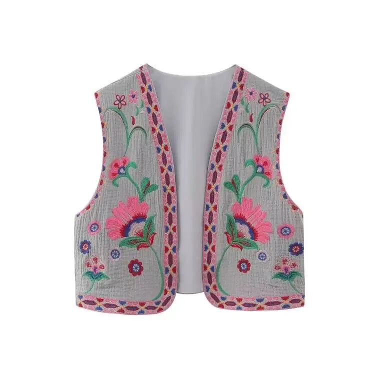 Aiertu Women Vintage Floral Embroidered Open WaistCoat Ladies National Style Vest Jacket Outfits Casual Vacation Crop Top Aiertu