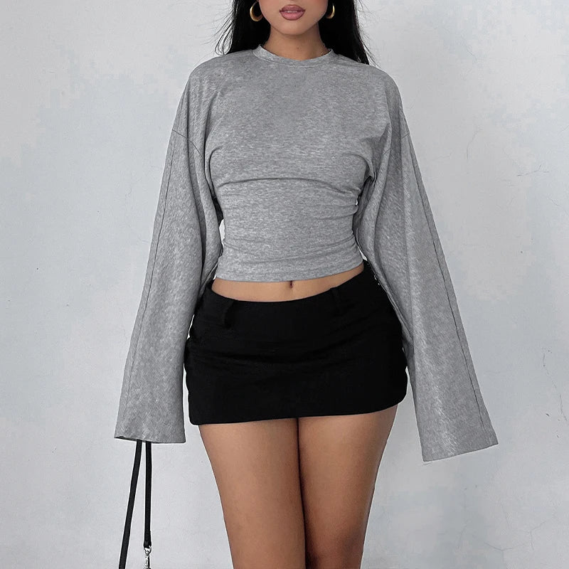 AIERTU - Casual Simple Long Sleeve Round Collar Solid Streetwear Women T-shirts Loose Early Autumn Basic Club Tops Clothing  Aiertu