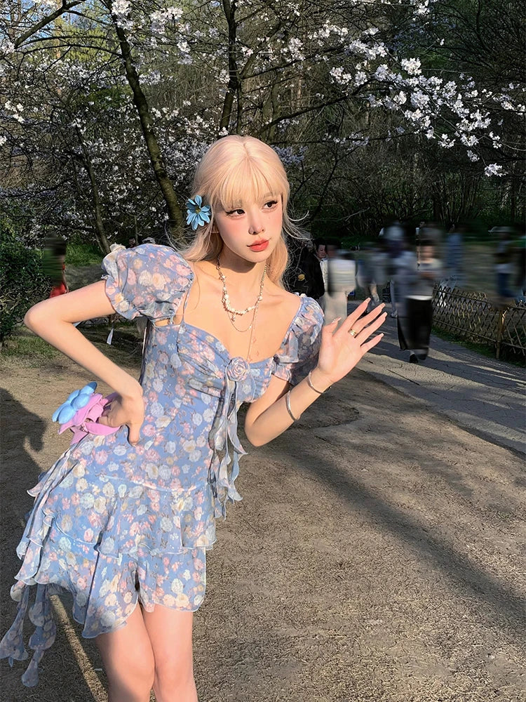 Aiertu Summer Floral Y2k Mini Dress Holiday Beach Irregular Chiffon Dress Casual Korean Fashion Short Party Dress Elegant Clothing Aiertu