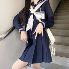 Aiertu Dark Blue Three Orthodox JK School Uniform Girls S-XXL College Style Sailor Spring Summer Suit Women Shirt Pleated Skirt Aiertu