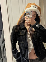 Aiertu 2024 Zipper Jeans Solid Coats Streetwear Fashion All Match Ins Chaquetas Mujer Women Turn Down Collar Punk Vintage Denim Jackets Aiertu