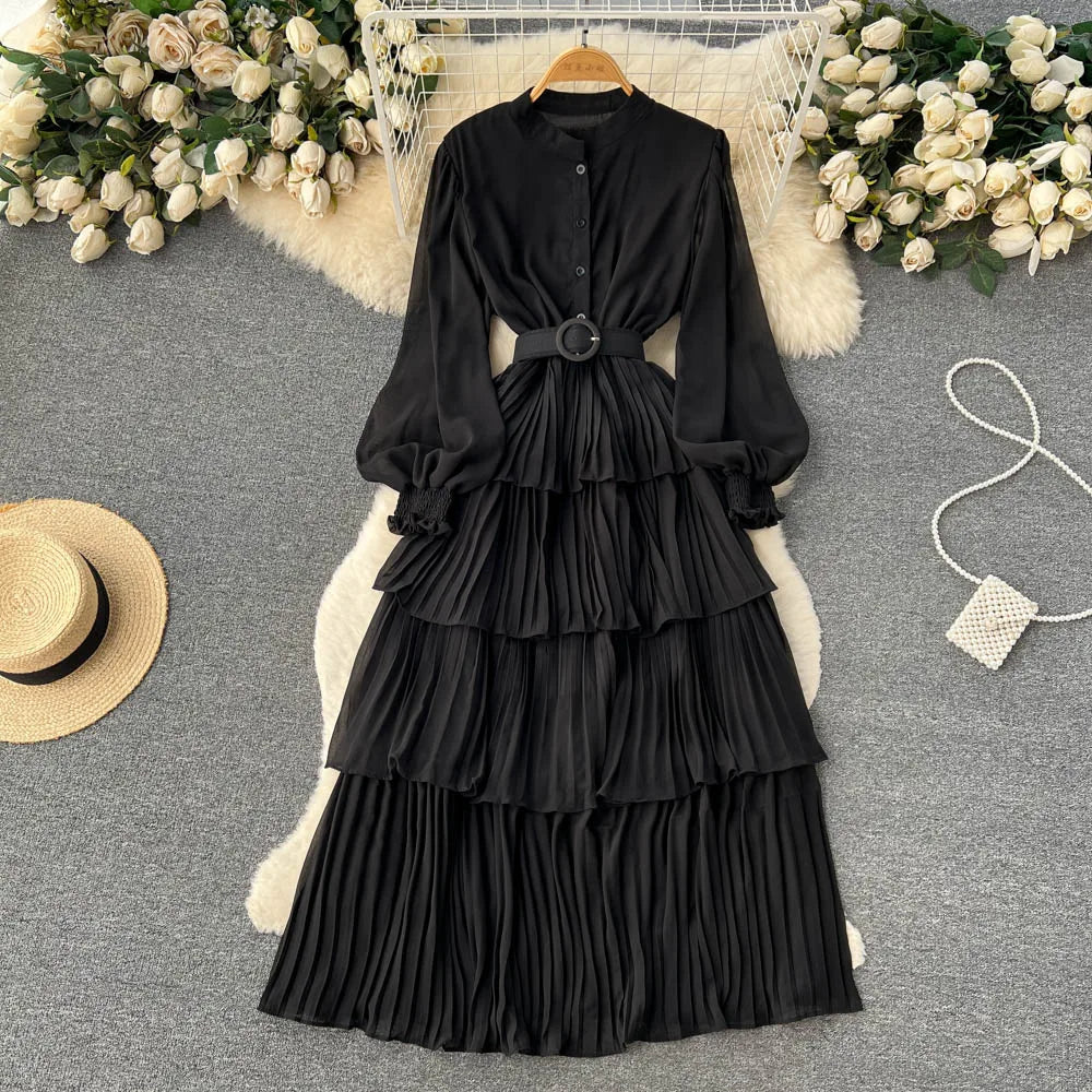Aiertu Spring French Style Chiffon Long Dress 2023 Long Sleeve Single Breasted Fashion Belt Women A-Line Elegant Party Dress Aiertu