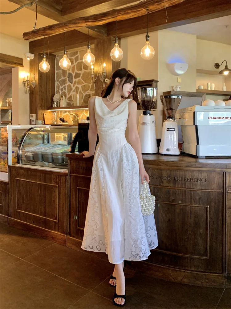AIERTU  -  Women Dress Retro Lace Pattern Splicing Swinging Collar Sleeveless High Waist Solid Color Simple Vest Style Sling Long Dresses Aiertu