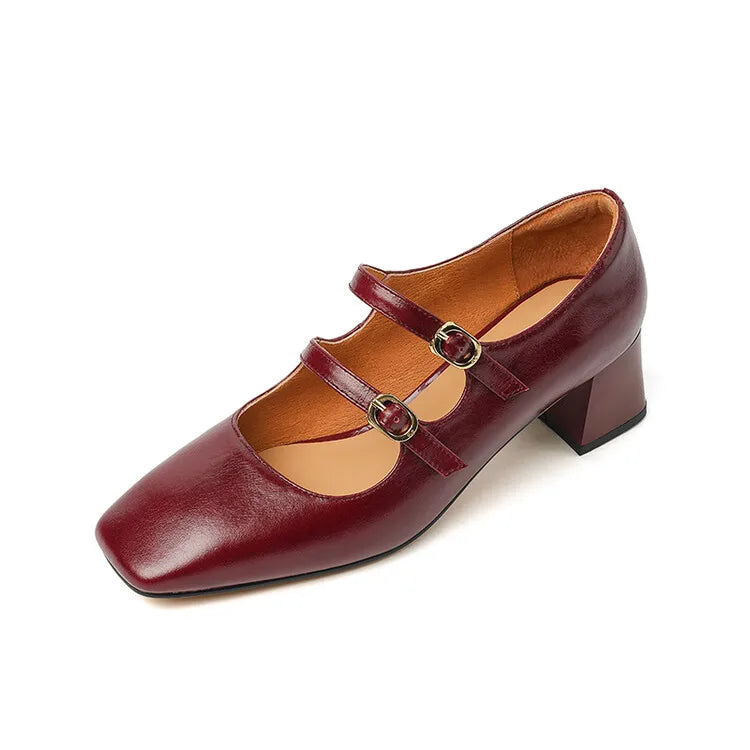 Aiertu NEW Spring Women Pumps Genuine Leather Shoes for Women Square Toe Chunky Heel Shoes Concise Mary Janes High Heel Women Shoes Aiertu