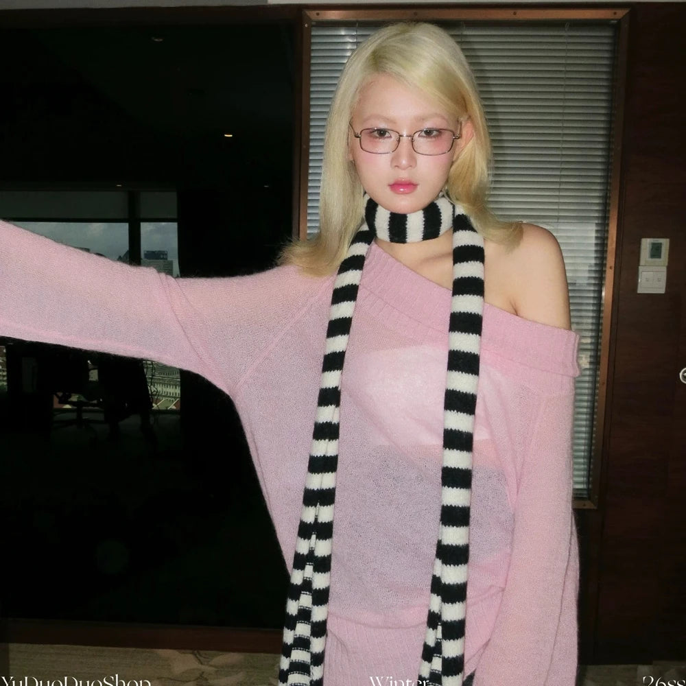 AIERTU  -  Cute Pom Pom Striped Ins Knit Girls Scarf Y2K Subculture Long Korean Warm Scarf Daily Outdoor Winter New Neck Warmer Aiertu