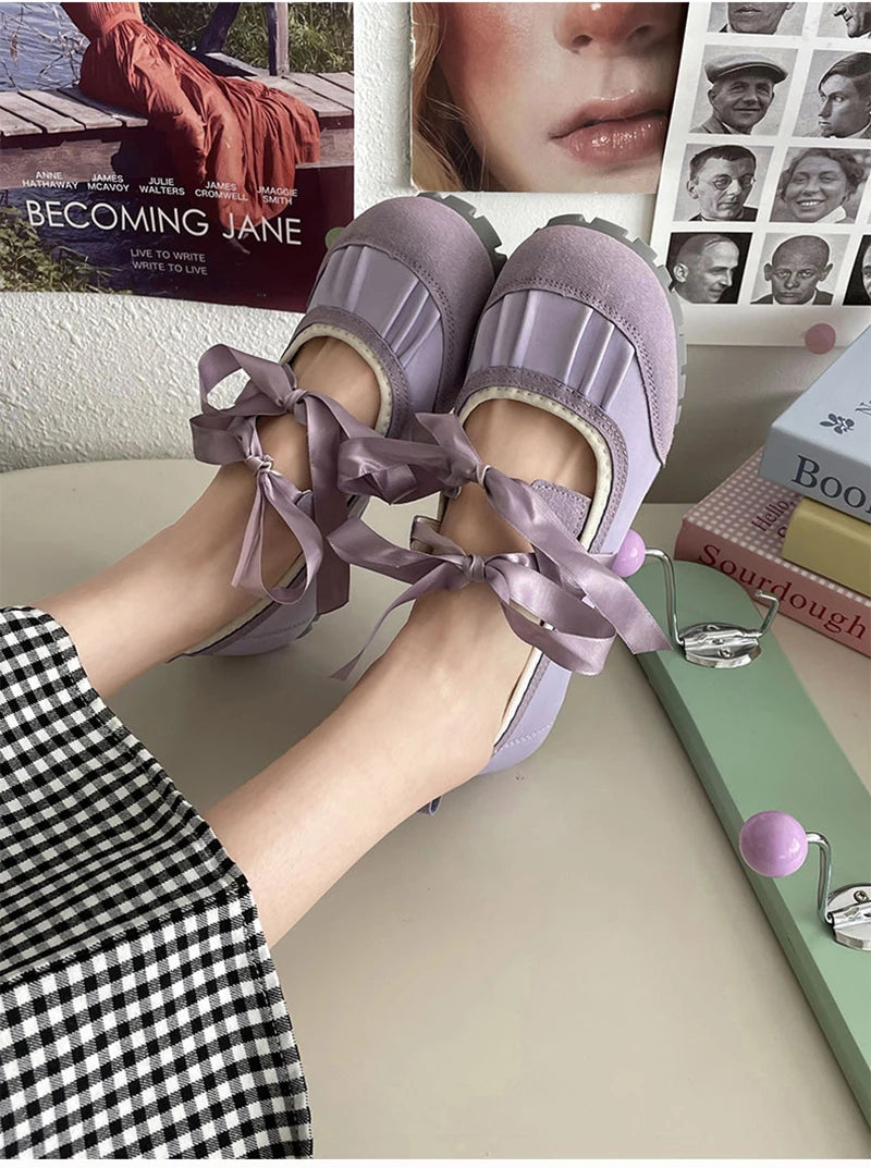 Aiertu Back  to school 2024 Autumn Lace Up Women Ballet Flat Shoes Fashion Shallow Non Slip Ladies Comfort Round Toe Mary Jane Shoes Aiertu