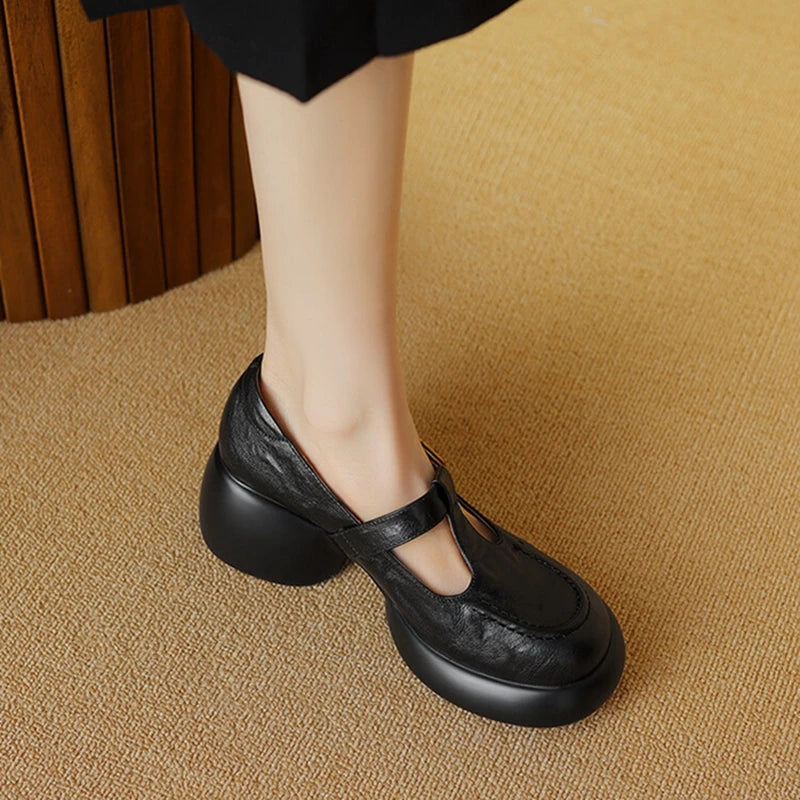 Aiertu NEW Spring/Autumn Women Pumps Genuine Leather Shoes for Women Round Toe Mary Janes Chunky Heel Women Pumps Buckle Platform Shoes Aiertu