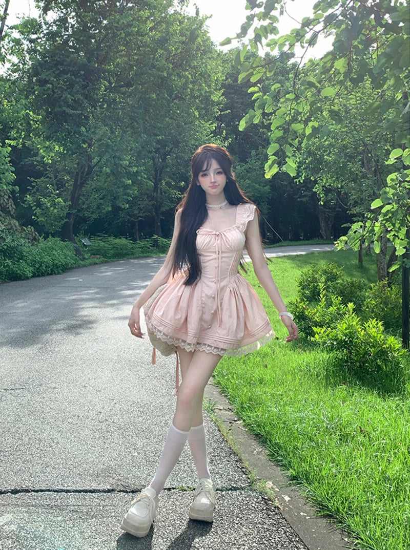 AIERTU  -  Kawaii Pink Mini Dress Women Party Cutecore Lace Patchwork Dresses Summer Japanese Fashion Flying Sleeve Bodycon A Line Vestidos Aiertu