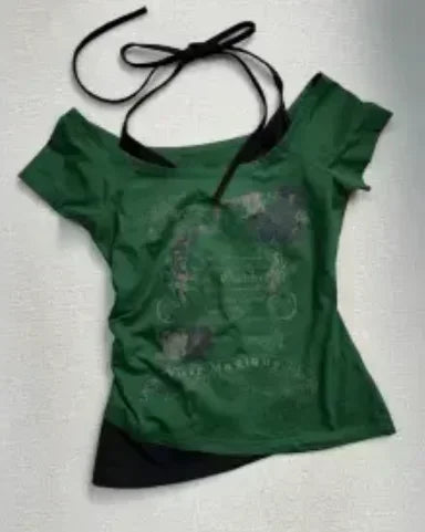 Aiertu Summer Fake Two Pieces Halter Bandage Vintage T-shirts Y2k Aesthetic Slim Crop Tops Women Grunge Print Harajuku Casual Sexy Tee Aiertu