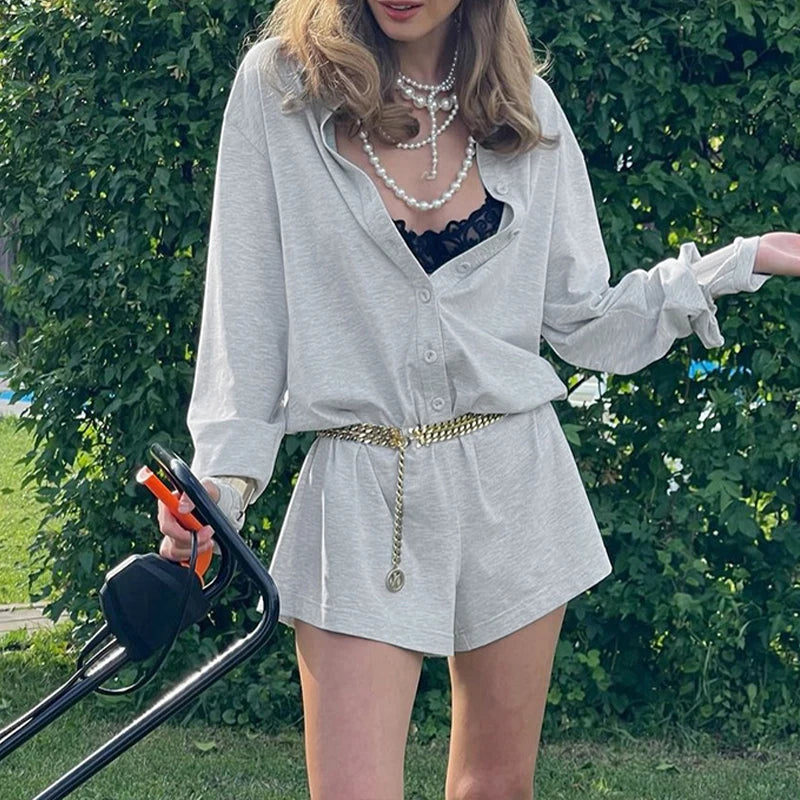 AIERTU  -  Casual Single-breasted Polo collar Loose Simple Long Sleeved Short Jumpsuits Street Gray Versatile Autumn Romper Clubwear Aiertu