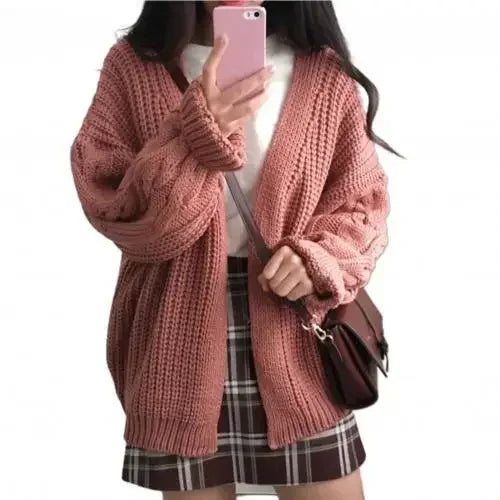 Oversized Knit Sweater Brown  Autumn Winter New Women Korean Fashion Sweet Long Sleeve Twisted Knitted Coat Sweater Cardigan Aiertu