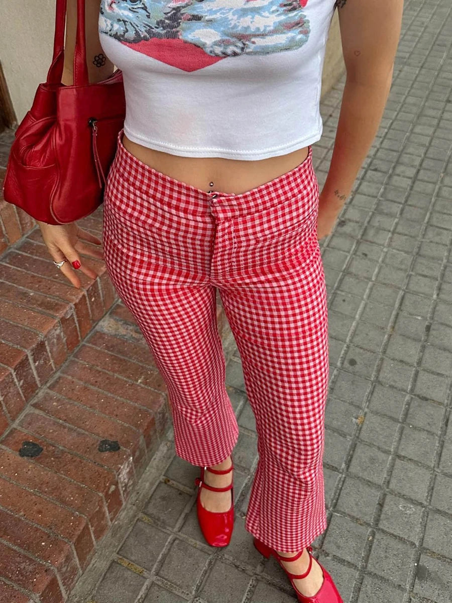 Aiertu Women Red Gingham Straight Leg Flare Pants High Waist Plaid Checkerboard Printed Y2k Vintage Trousers Summer Streetwear Aiertu