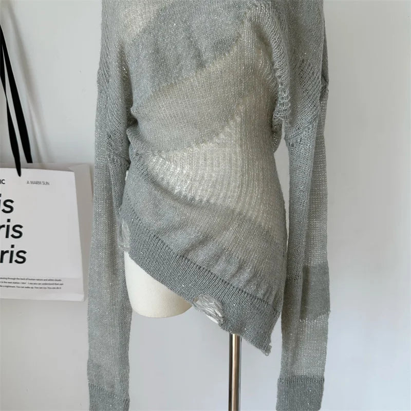 Aiertu Women's Pullover Knitted Torn Sweater Harajuku Long Sleeve Knit Jumper Sweaters Korean Y2k 2000s 90s Aesthetic Vintage Clothes Aiertu