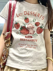 Aiertu Y2k Aesthetic Summer New Cartoon Strawberry T-shirts Harajuku Short Sleeve Loose OCasual Tops Women O Neck All Match Casual Tees Aiertu