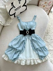 AIERTU  -  Vintage Sweet French Rhinestone Spaghetti Strap Mini Dress Women Slim Fit Ruched Bow Belt Ruffle Hem Elegant Party Clubwear Aiertu