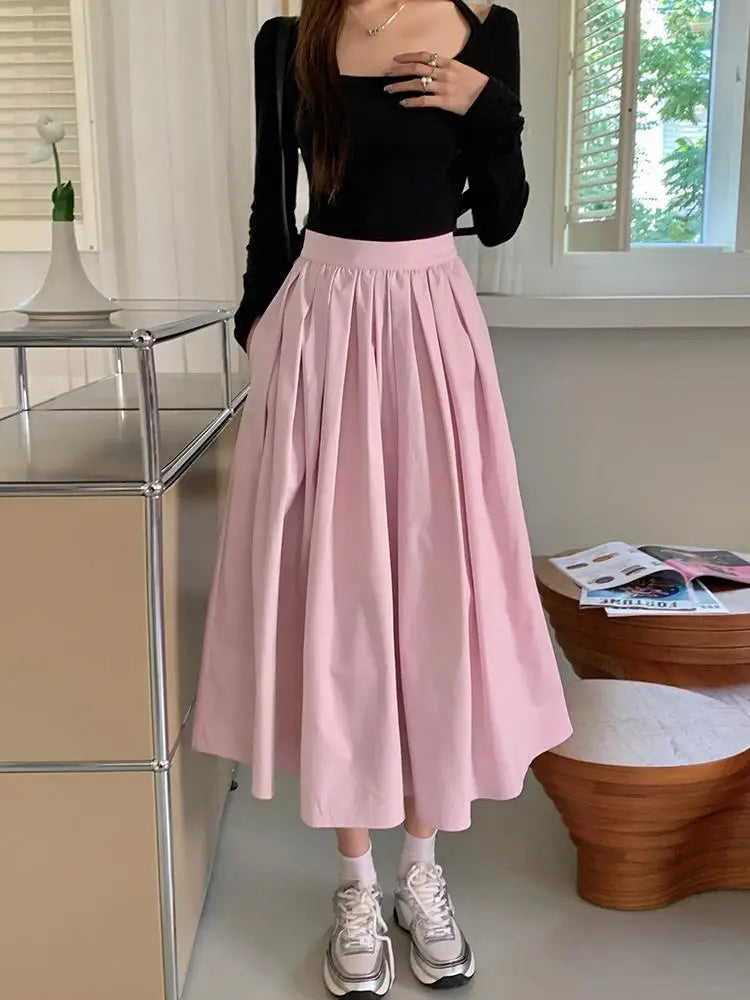 Aiertu Spring And Autumn New Fashion Women's Sweet Elegant High Waist Pleated Pink Zipper Half Length A-line Long Skirt Lady Sexy Party Aiertu