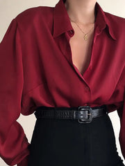 Aiertu Women Button Blouses Turn Down Collar Shirts Office Lady Long Sleeve Casual Blouse Loose OL Shirt Baggy Tops Red/Wine Red /Black Aiertu