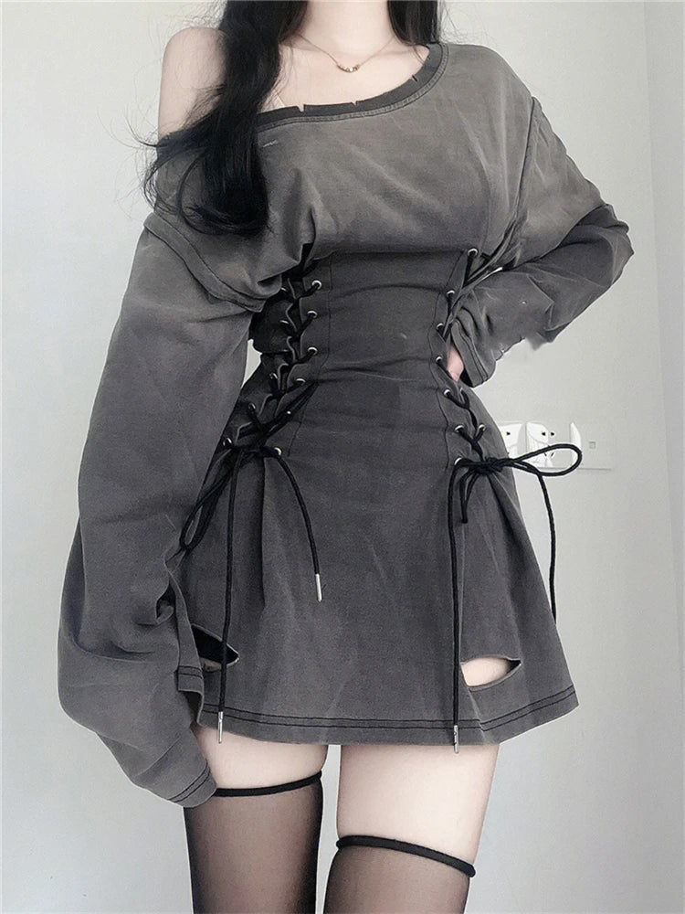 Aiertu New Fairycore Grunge Goth Corset Dress Women Aesthetic Harajuku Streetwear Bandage Slim Bodycon Dress Y2k 90s Indie Clothes Aiertu