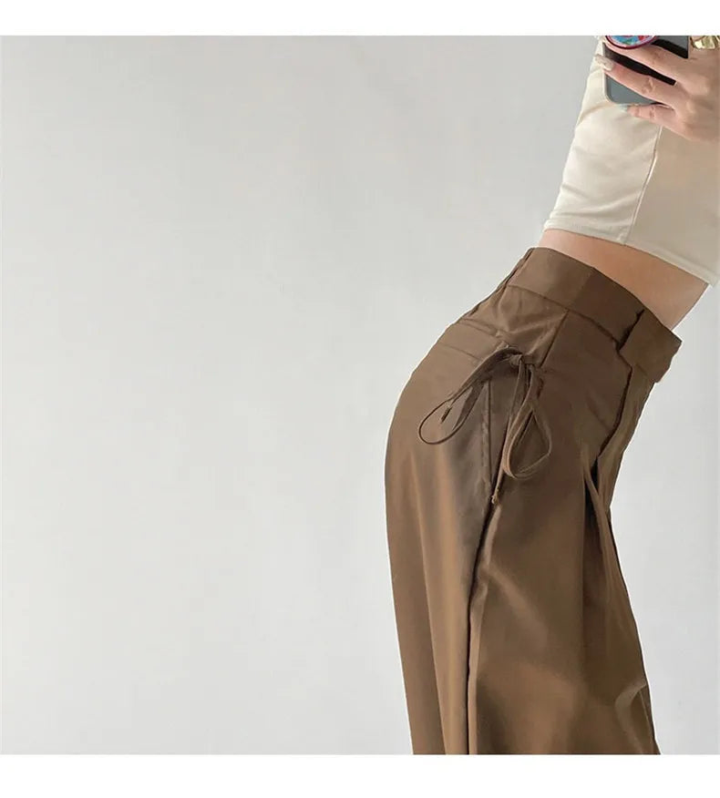 Aiertu Summer Japan Casual Style Solid Color High Waist Wide Leg Suit Pants Women's Fashion Loose Lace-up Full Length Trousers Aiertu