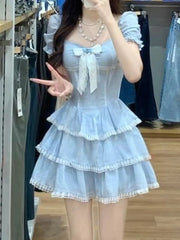 Aiertu 2024 Summer Sweet Kawaii Blue Plaid Dress Woman Lolita Lace Y2k Mini Dress Short Party Elegant One Piece Dress Korean Fashion Aiertu