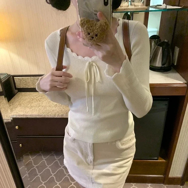 Aiertu Kawaii Bow T-shirts Women Coquette Lace Sexy Korean Fashion Sweet Long Sleeve Cutecore Slim Up Solid Aesthetics Tops Aiertu