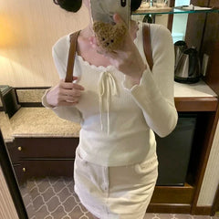 Aiertu Kawaii Bow T-shirts Women Coquette Lace Sexy Korean Fashion Sweet Long Sleeve Cutecore Slim Up Solid Aesthetics Tops Aiertu