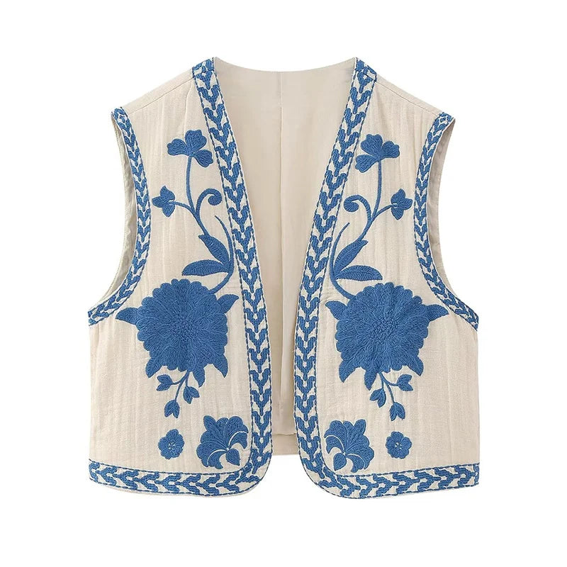 Aiertu Women Vintage Floral Embroidered Open WaistCoat Ladies National Style Vest Jacket Outfits Casual Vacation Crop Top Aiertu