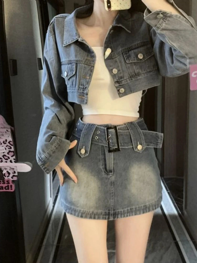 Aiertu Vintage Denim Suit Woman Slim Casual Short Cardigan + Sexy Bodycon Y2k Mini Skirt Elegant Korean Fashion Set 2024 Spring Chic Aiertu